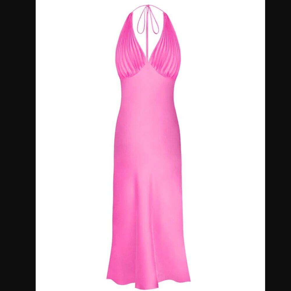 NWT Onarin Ms. Pleat Silk Halter Midi Dress in Dragonfruit Pink XS $289